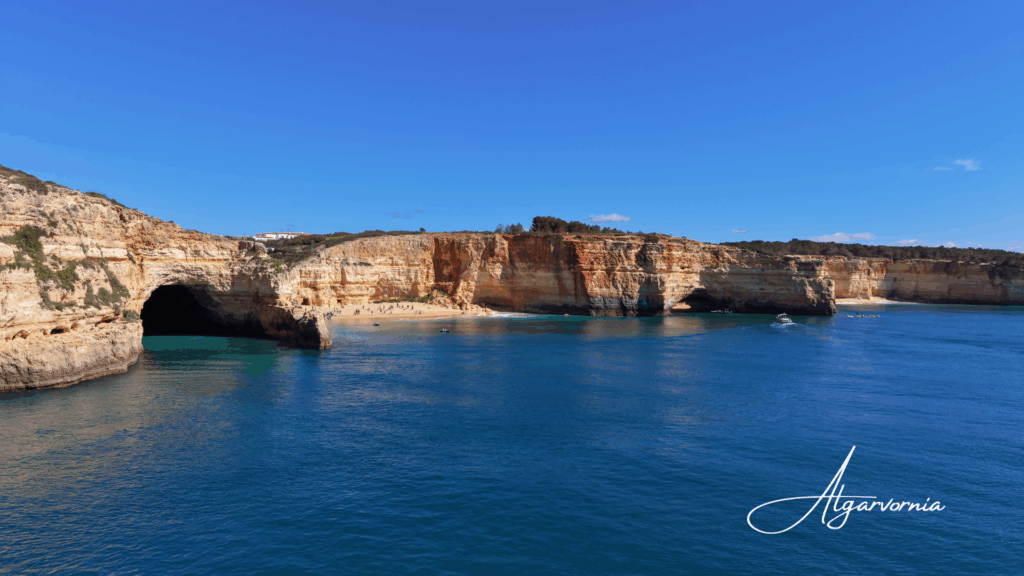 blue ocean with coastline showing a beach and cliffs in the background